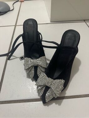 ASOS Black Suede Heeled Mules with Crystal Bow Accent